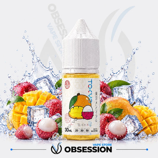 Vape juice bottle with fruit and ice elements on a white background, featuring the brand 'Obsession'.