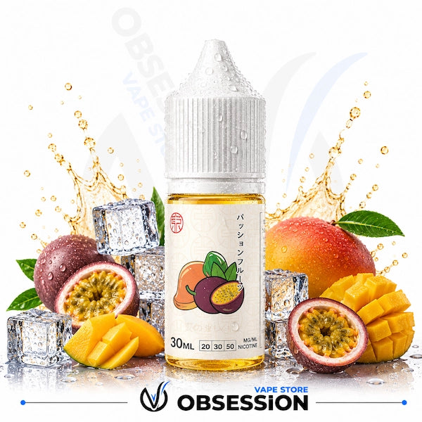 Vape juice bottle with fruit and ice elements on a white background, featuring the brand 'Obsession'.