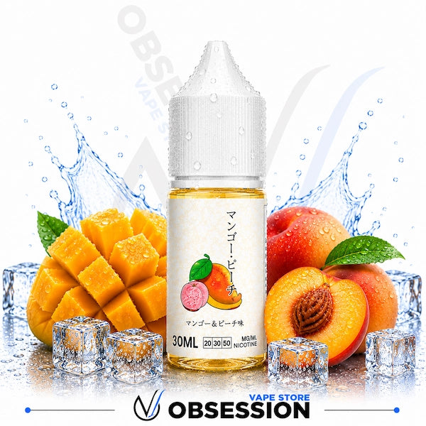 Vape juice bottle with mango and peach slices, ice cubes, and water splashes on a white background.