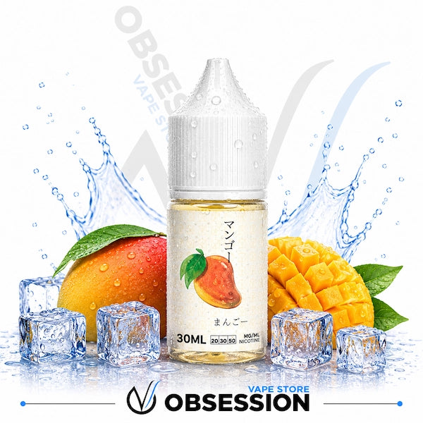 Mango-themed vape juice bottle with mangoes and ice cubes on a white background, featuring the brand 'Obsession'.