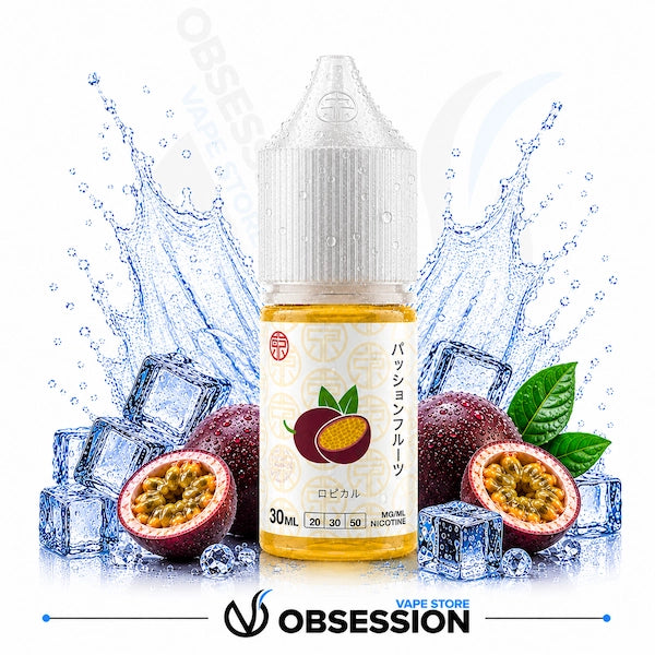 Passion fruit vape juice bottle with ice cubes and passion fruits on a white background, featuring the brand 'Obsession'.