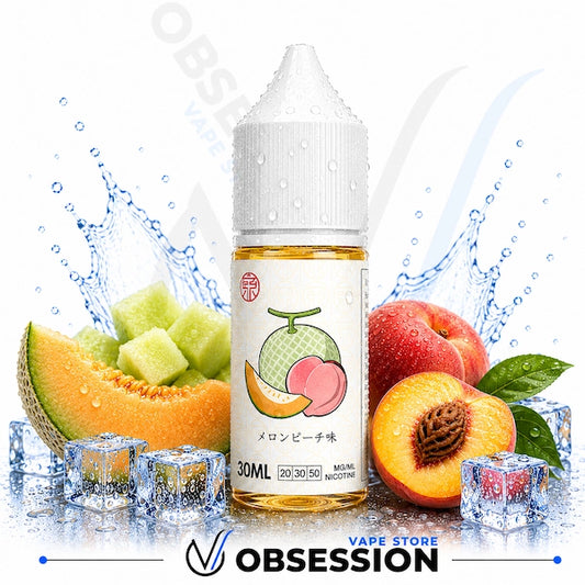 Vape juice bottle with melon and peach elements on a white background, featuring the brand 'OBSession'.