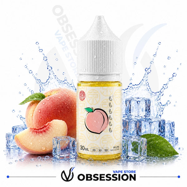 Peach-flavored vape juice bottle with peaches and ice cubes on a white background, featuring the brand 'Obsession'.