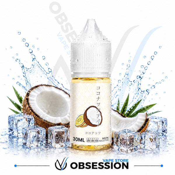 Coconut-flavored vape juice bottle with coconut and ice cubes on a white background, featuring the 'OBSession' brand.