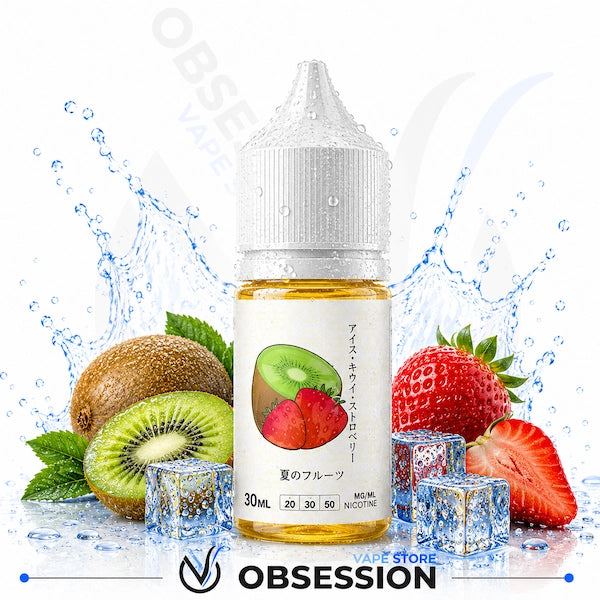 Vape juice bottle with kiwi and strawberry elements on a white background