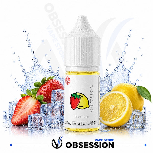 Vape juice bottle with strawberries, lemons, and ice cubes on a white background, featuring the brand 'Vape Store Obsession'.