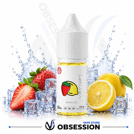 Vape juice bottle with strawberries, lemons, and ice cubes on a white background, featuring the brand 'Vape Store Obsession'.