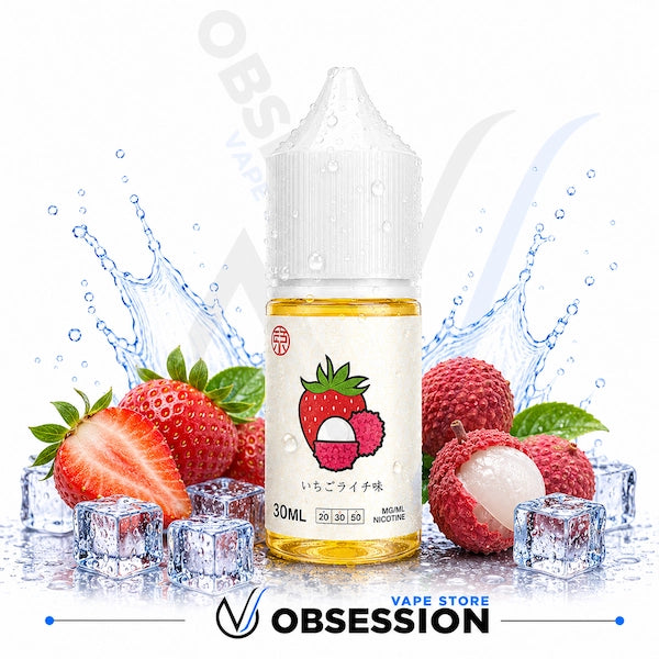 Vape juice bottle with strawberries, lychees, and ice cubes on a white background, featuring the 'Obsession' brand.