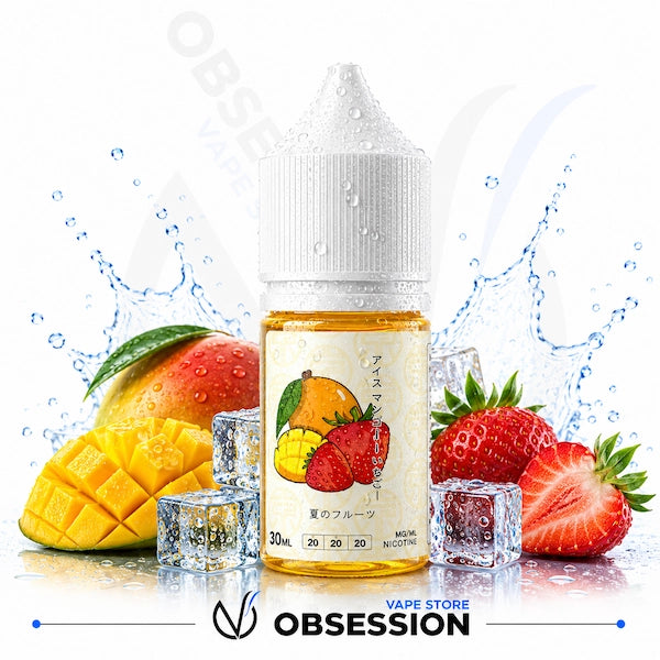 Vape juice bottle with mango and strawberry elements on a white background, featuring the brand 'Obsession'.