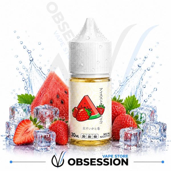 Vape juice bottle with strawberry flavor surrounded by strawberries and watermelon  and ice cubes, branded as Obsession Vape Store.