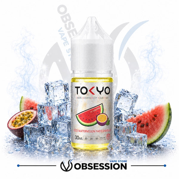 Tokyo vape juice bottle with watermelon and passion fruit flavor surrounded by ice cubes on a white background.