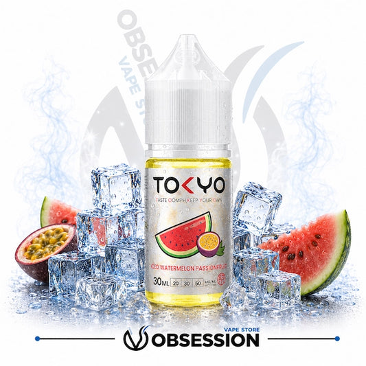 Tokyo vape juice bottle with watermelon and passion fruit flavor surrounded by ice cubes on a white background.