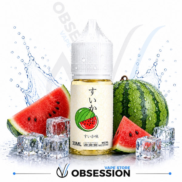 Vape juice bottle with watermelon flavor next to watermelon slices and ice cubes on a white background.