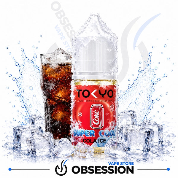 Vape juice bottle labeled 'Tokyo Cola Ice' with a glass of cola and ice cubes, featuring the Obsession Vape Store logo.