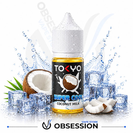 Bottle of Tokyo Super Cool Coconut Milk vape juice with coconut pieces and ice cubes on a white background.