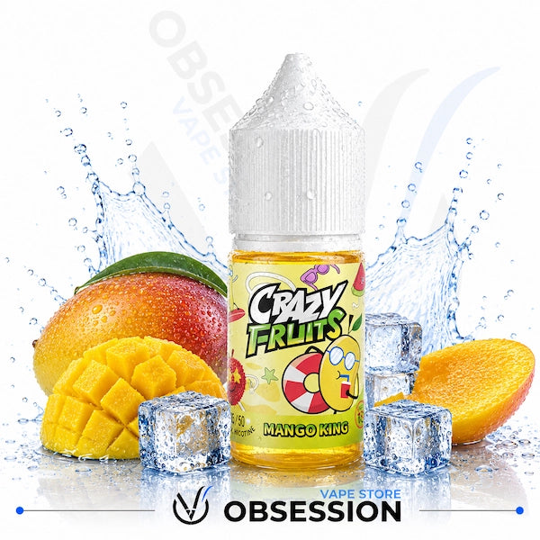 Vape juice bottle labeled 'Crazy Fruits Mango King' with mangoes and ice cubes on a white background.