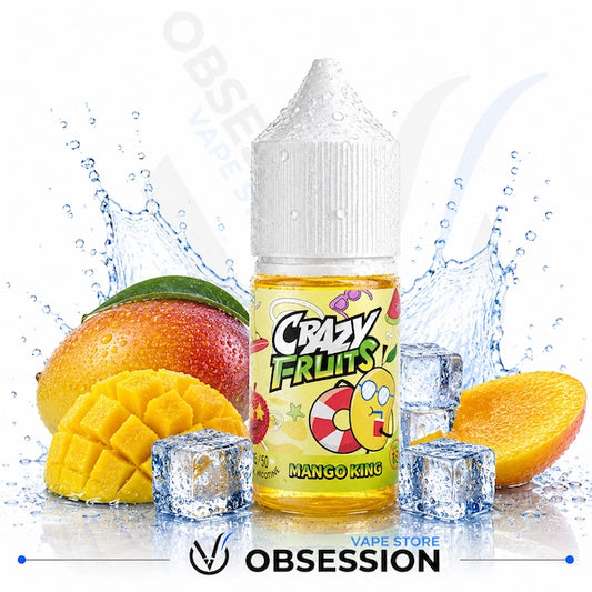 Vape juice bottle labeled 'Crazy Fruits Mango King' with mangoes and ice cubes on a white background.