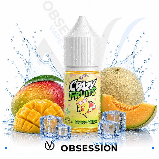 Crazy Fruits Mango Melon vape juice bottle with mango, melon, and ice cubes on a white background.
