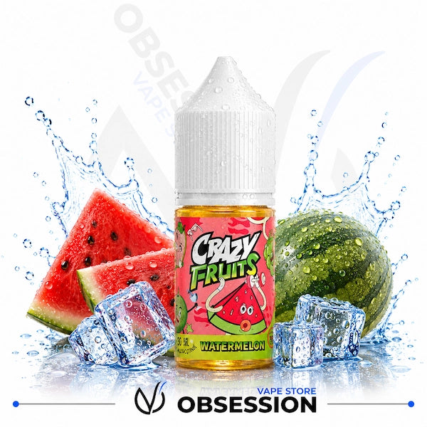 Crazy Fruits Watermelon vape juice bottle with watermelon slices, ice cubes, and water splashes on a white background.