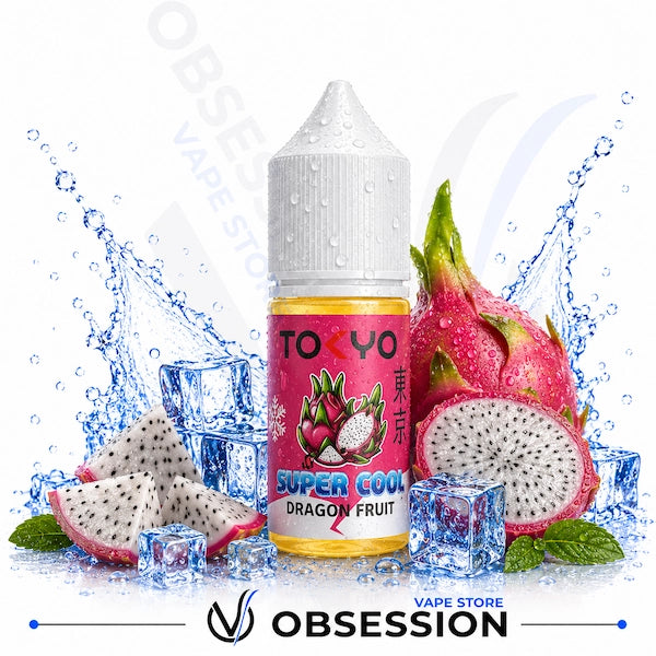 Dragon fruit-themed vape juice bottle with dragon fruit and ice cubes on a white background