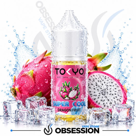 Vape juice bottle with dragon fruit design surrounded by dragon fruits and ice cubes, featuring 'Tokyo' brand.