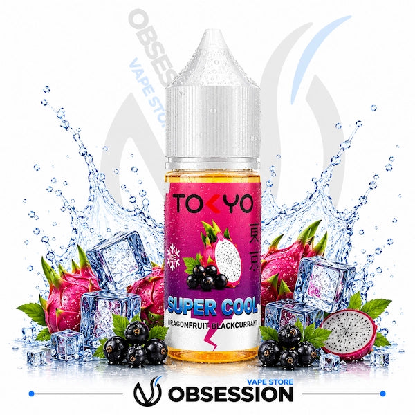 Vape juice bottle with dragonfruit and blackcurrant on a white background