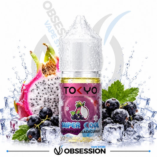 Vape juice bottle with dragon fruit, blackcurrants, and ice cubes on a white background