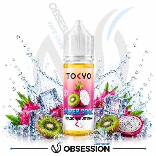 TOKYO Super Cool Dragonfruit Kiwi vape juice bottle with dragonfruit, kiwi, and ice cubes on a white background.