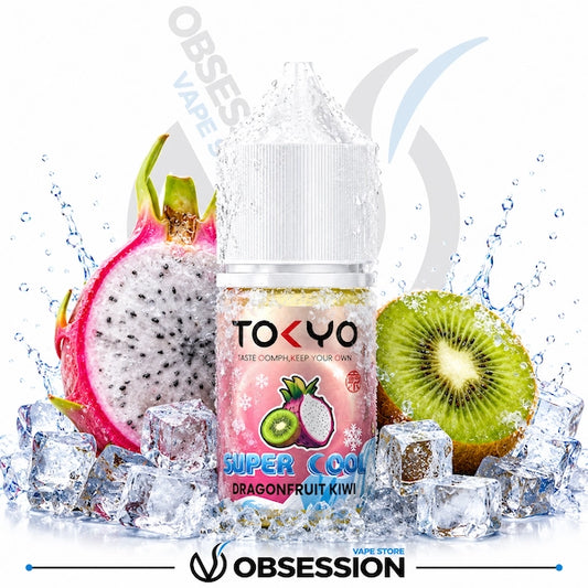 Vape juice bottle with dragonfruit and kiwi graphics on a white background
