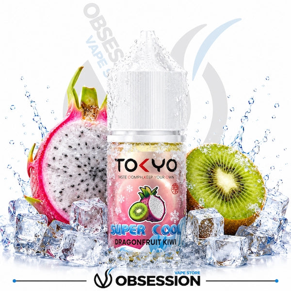 Vape juice bottle with dragonfruit and kiwi graphics on a white background