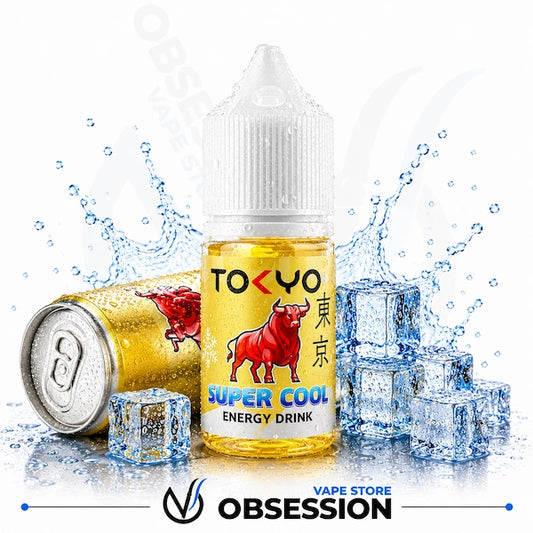 TOKYO Super Cool Energy Drink bottle with can and ice cubes on a white background, featuring 'Vape Store Obsession' branding.