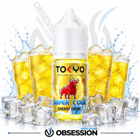 Yellow energy drink bottle with ice cubes and splashes on a white background, featuring the brand 'Obsession'.