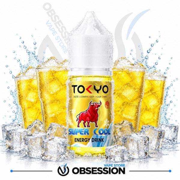 Yellow energy drink bottle with ice cubes and splashes on a white background, featuring the brand 'Obsession'.