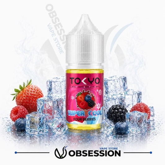 Vape juice bottle with berries and ice cubes on a white background, featuring the brand 'Obsession'.