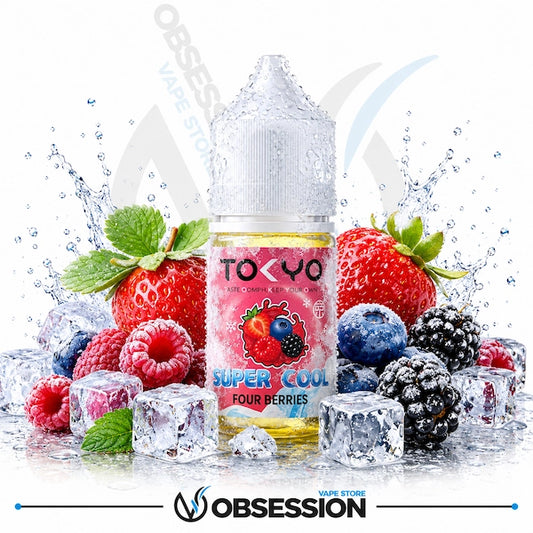Vape juice bottle with berries and ice cubes on a white background, featuring the brand 'Obsession'.