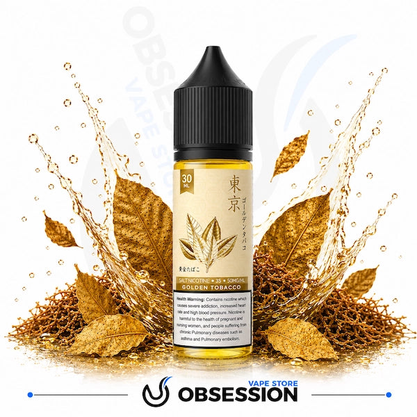 Vape juice bottle with leaves and liquid splashes on a white background, featuring the brand 'Obsession'.