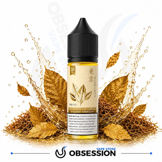 Vape juice bottle with leaves and liquid splashes on a white background, featuring the brand 'Obsession'.