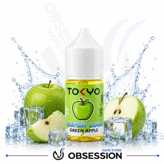 Tokyo Super Cool Green Apple vape juice bottle with green apples and ice cubes on a white background.