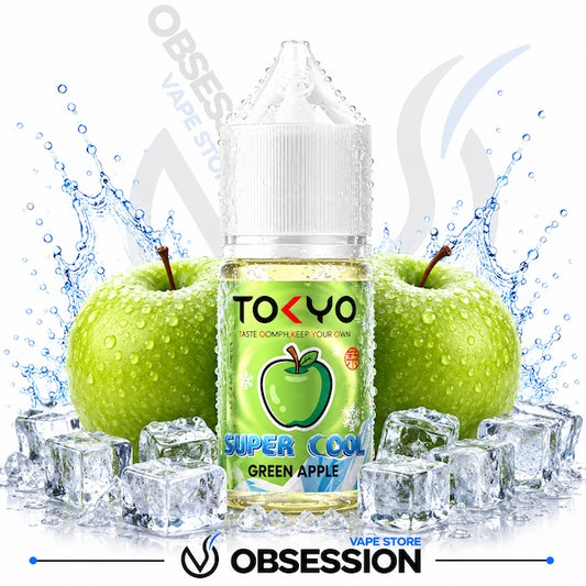TOKYO Super Cool Green Apple vape juice bottle with green apples and ice cubes on a white background