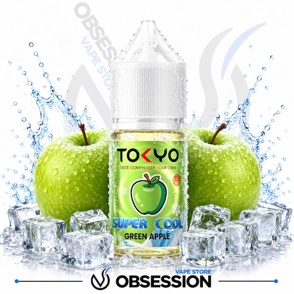 TOKYO Super Cool Green Apple vape juice bottle with green apples and ice cubes on a white background