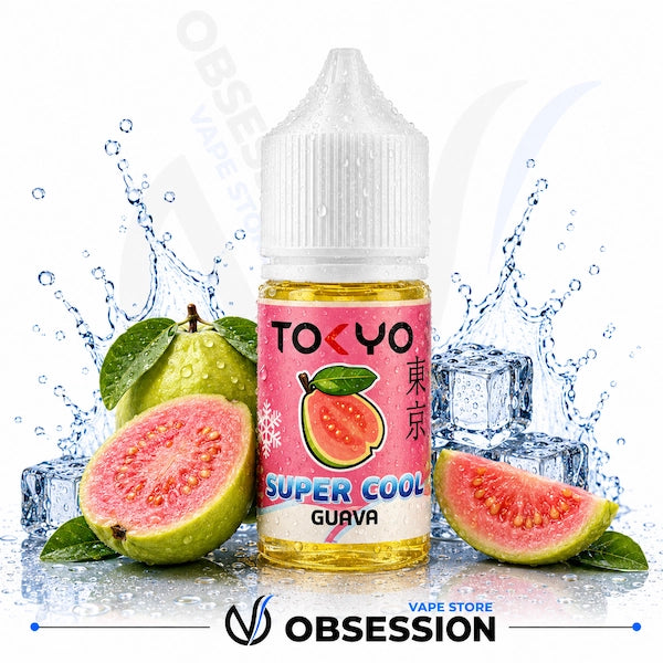 TOKYO Super Cool Guava vape juice bottle with guava fruit and ice cubes on a white background.