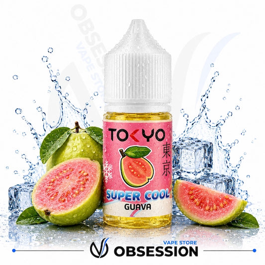 TOKYO Super Cool Guava vape juice bottle with guava fruit and ice cubes on a white background.