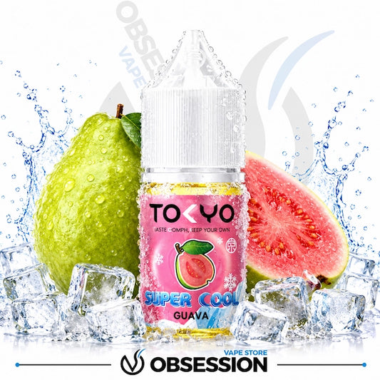 TOKYO Super Cool Guava vape juice bottle with a pear and guava on a white background