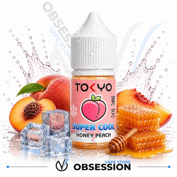 TOKYO Super Cool Honey Peach vape juice bottle with peaches, honeycomb, and ice cubes on a white background.