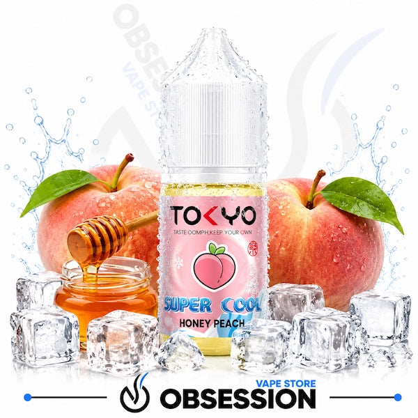 Tokyo Super Cool Honey Peach vape juice bottle with peaches, honey, and ice cubes on a white background.