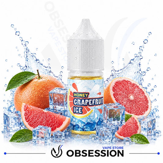Honey Grapefruit Ice vape juice bottle with grapefruit slices and ice cubes on a white background.