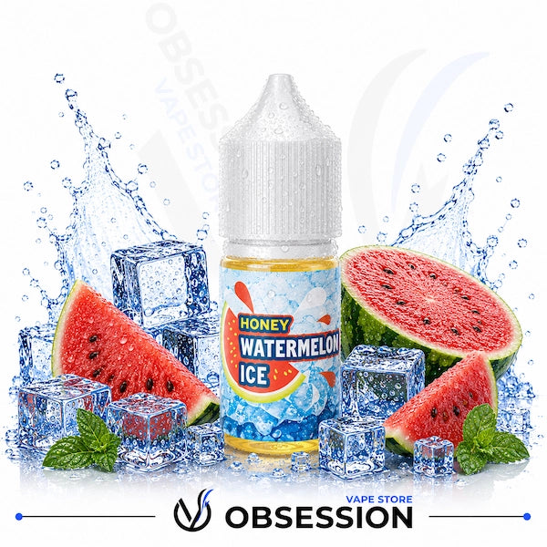 Honey Watermelon Ice vape juice bottle with watermelon slices and ice cubes on a white background.