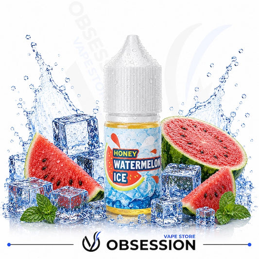 Honey Watermelon Ice vape juice bottle with watermelon slices and ice cubes on a white background.