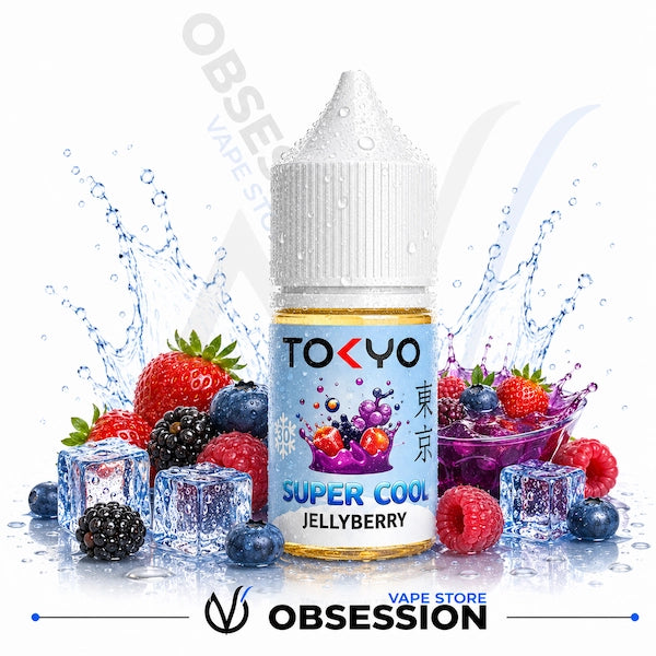 TOKYO Super Cool Jellyberry vape juice bottle with berries and ice cubes on a white background