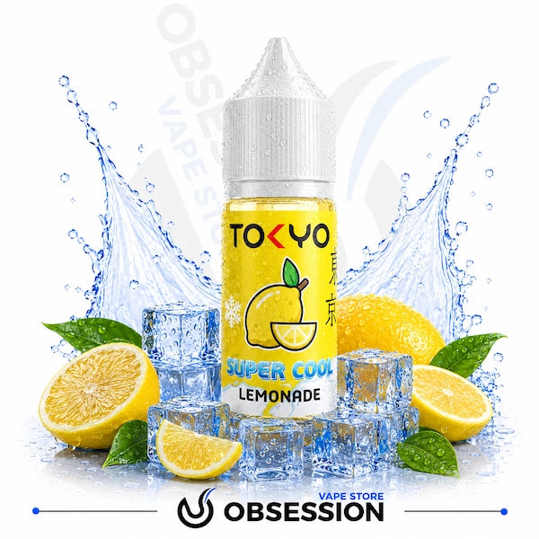 Bottle of Tokyo Super Cool Lemonade vape juice with lemons and ice cubes on a white background.